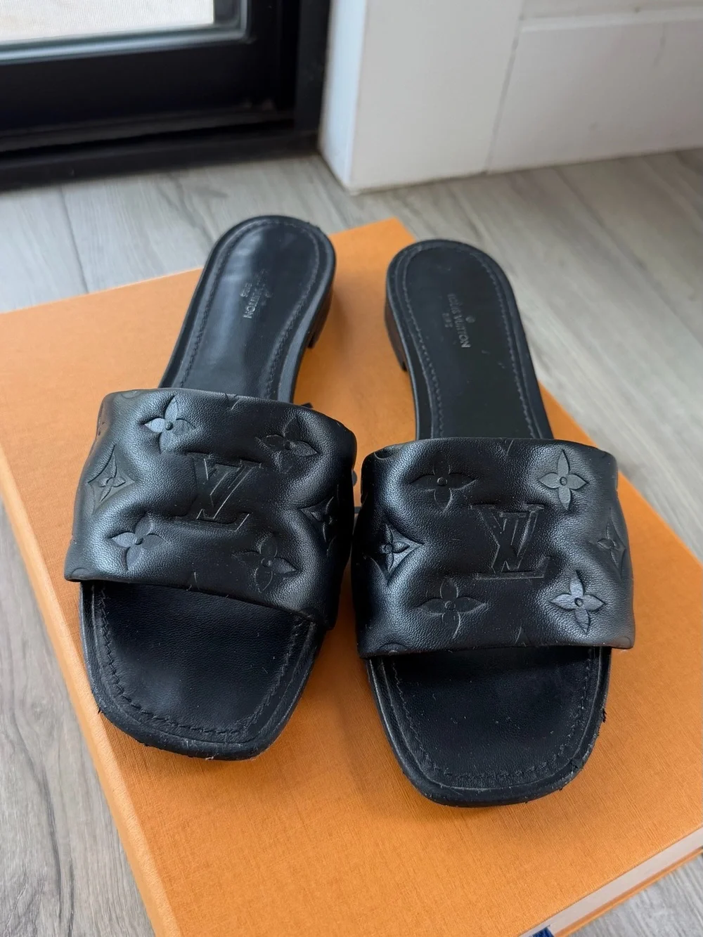 Louis Vuitton Black Embossed Monogram Slide Sandals
